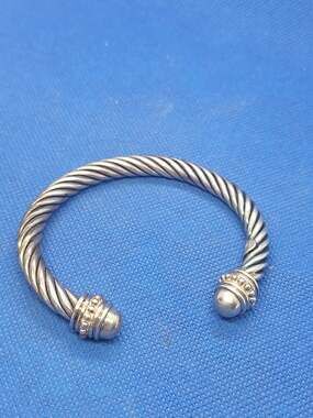 925 Sterling Silver Twisted Cable Cuff Bracelet 22g Thailand Beaded Ends Nice!
